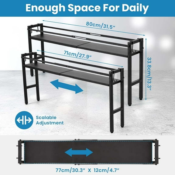 Extendable Stove  with 4 Hooks - Adjustable Spice Rack for Kitchen, Extra Space Saver (Black)