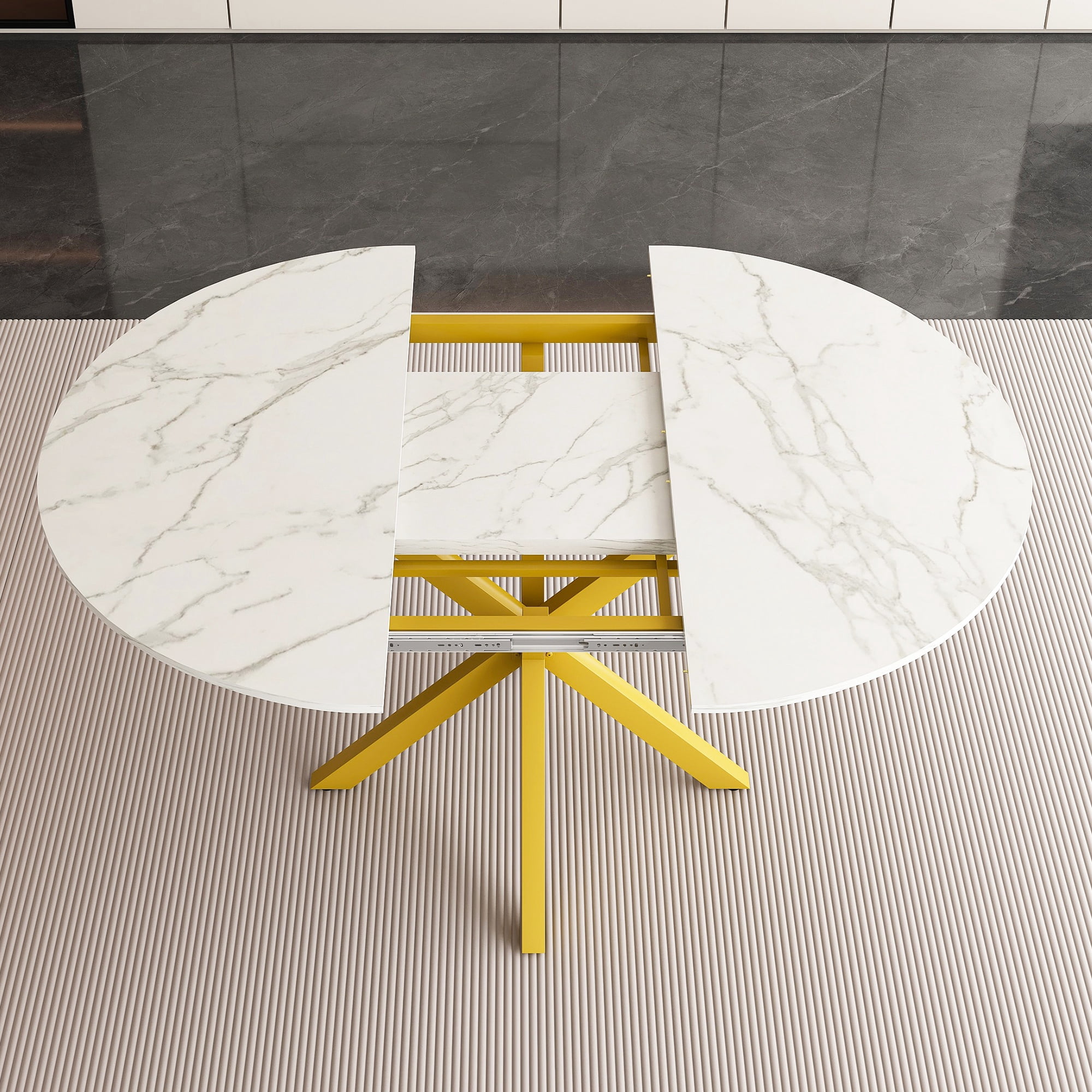PORKISS 59" Extendable Round Dining Table for 6, Modern Kitchen Table with Carbon Steel Base, Dining Room Table with Thickened Marble-veined Tabletop, Perfect for Small Space, White+Gold