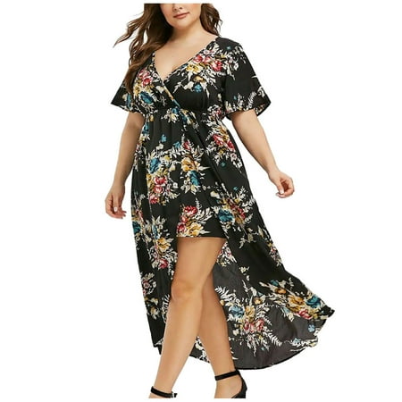 

Plus Size Irregular Hem Maxi Dress for Women Summer Casual Short Sleeve Dresses Floral Printed Long Dress for Beach and Vacation
