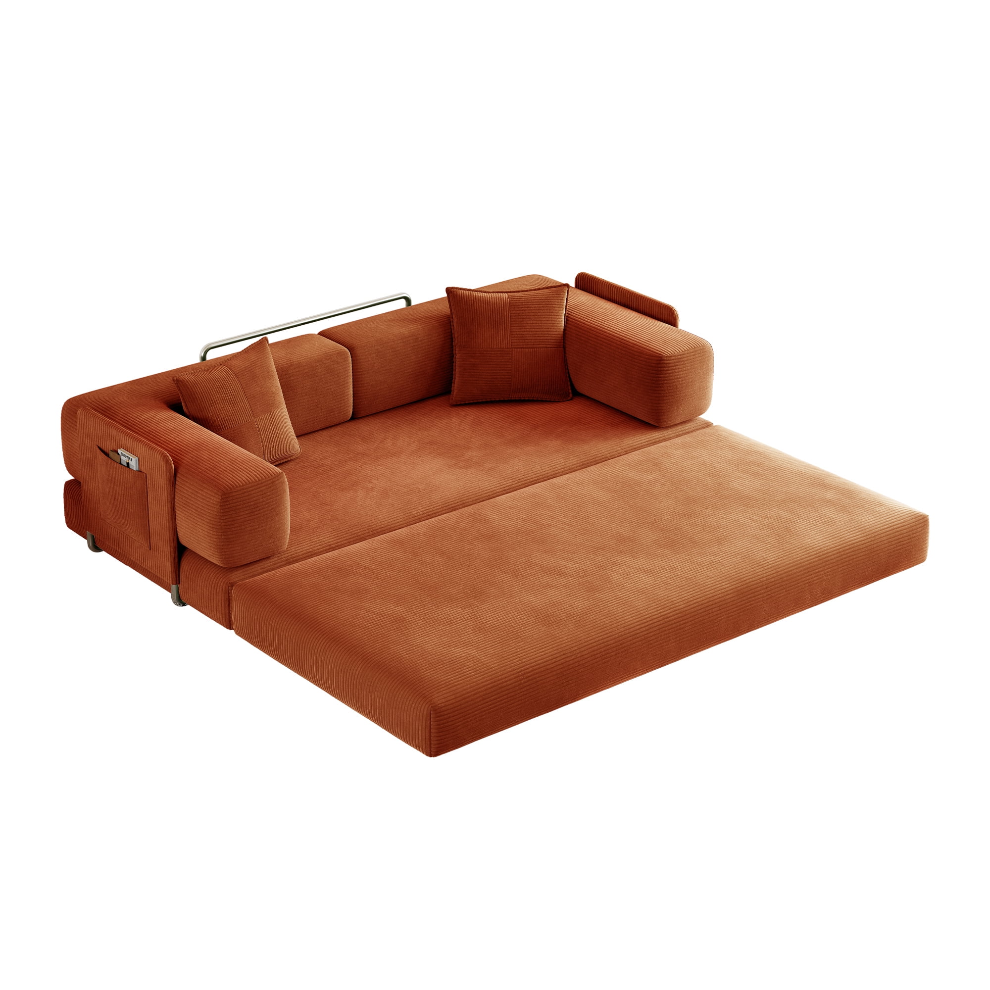 Leumius 79 Inch Convertible Sofa Bed,5-in-1 Corduroy Floor Sofa with High-Density Foam,Metal Back and Arm Supports, Washable Cover and Side Pockets,Orange