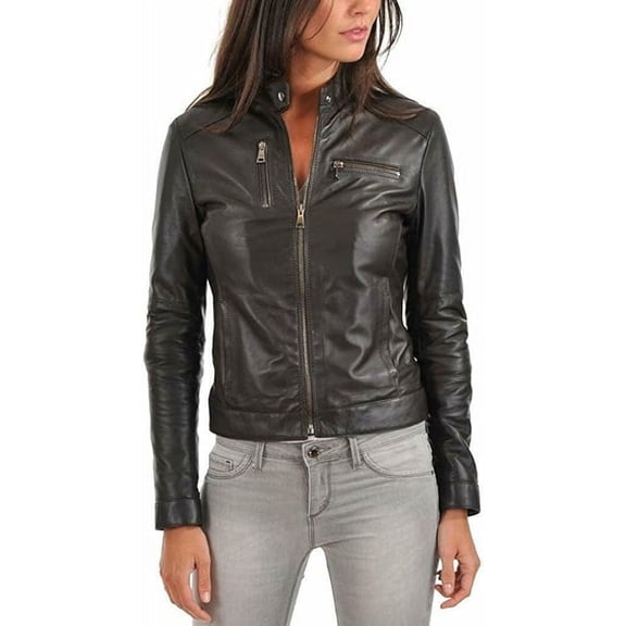 Women's Genuine Black Lambskin Leather Jacket Motorcycle Slim Fit Biker Jacket W436