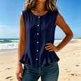 thumbnail image 4 of FDGIU Women's Round Neck Sleeveless Button Down Ruffle Hem Tank Top, Solid Cotton Linen Woven Loose Casual Blouse, 4 of 7