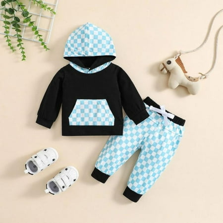 

Promotion!Autumn Casual Kids Boys Clothes Sets Plaid Printed Long Sleeve Hooded Tops Pants 2pcs Outfits