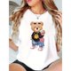 thumbnail image 1 of Camiseta informal de cuello redondo para mujer con estampado de oso de dibujos animados, mezcla de algodón, elasticidad media, tejido de punto, estampado animal, manga corta para todas las estaciones,, 1 of 7