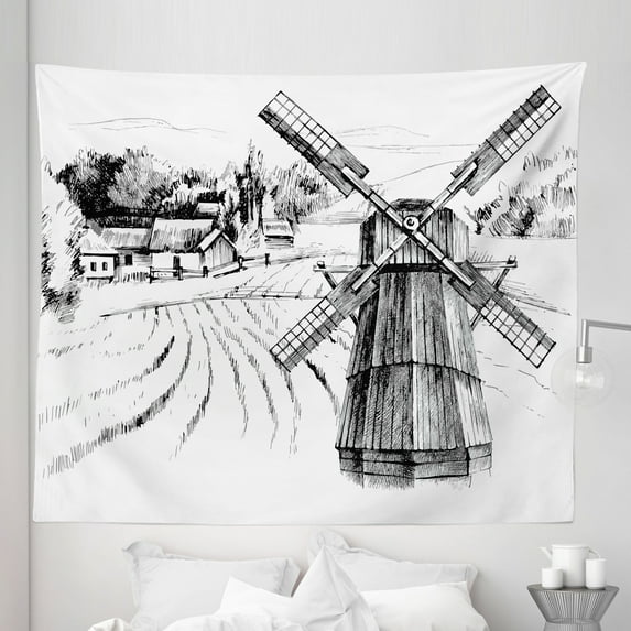 Landscape Tapestry, Hand Drawn Rural Scenery Small Town Farm Houses Forest and Mill Romantic Sketch, Fabric Wall Hanging Decor for Bedroom Living Room Dorm, 5 Sizes, Black White, by Ambesonne
