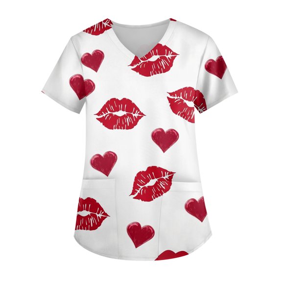Dwralegc Women's Valentines Printed Scrub Tops Cute Lightweight Tee Stretch Short Sleeve Love Heart Print V Neck Nurse Workwear with 2 Pockets White L