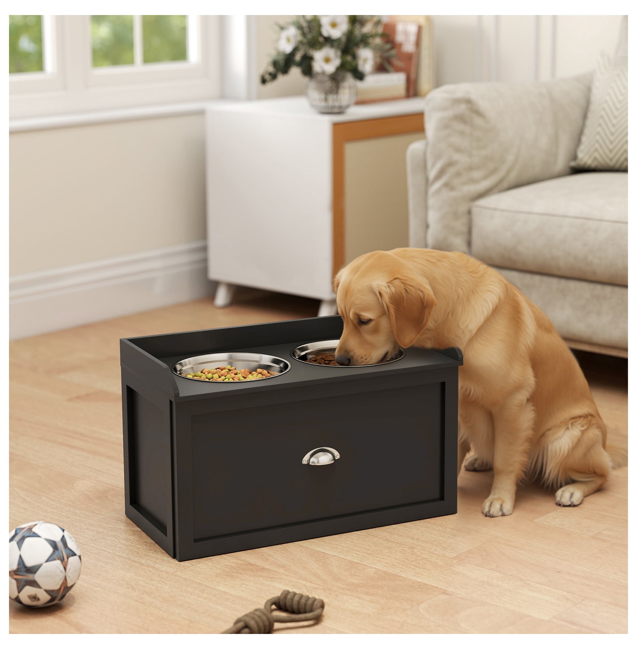 Dog Feeding Station Elevated Bowls for Large Dogs, Pet Dish Set with Storage, Black
