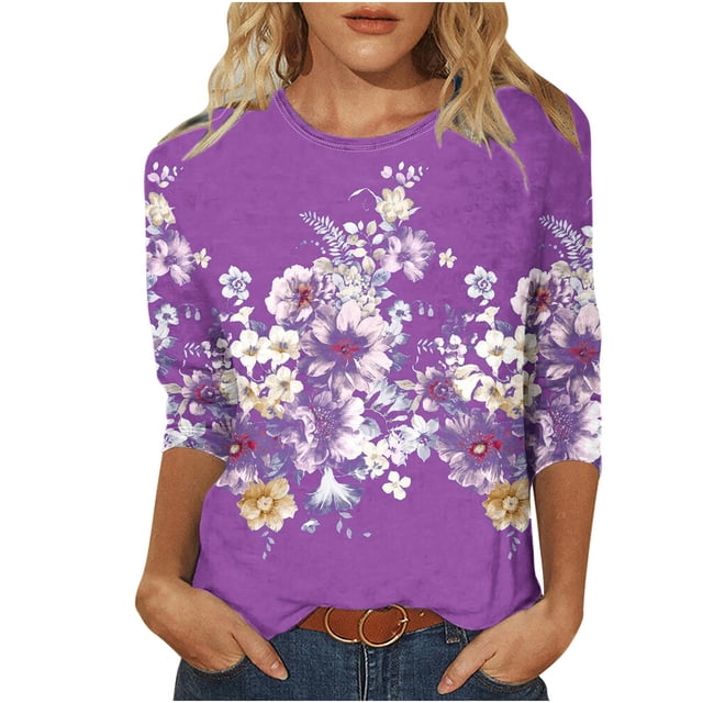 Camisetas de Manga Corta para las Mujeres Retro Cuello Redondo Pascua Impreso Suelto Top, Ligero Poliéster 3/4 Camiseta de Manga para el Desgaste Casual, Diario Y de Primavera