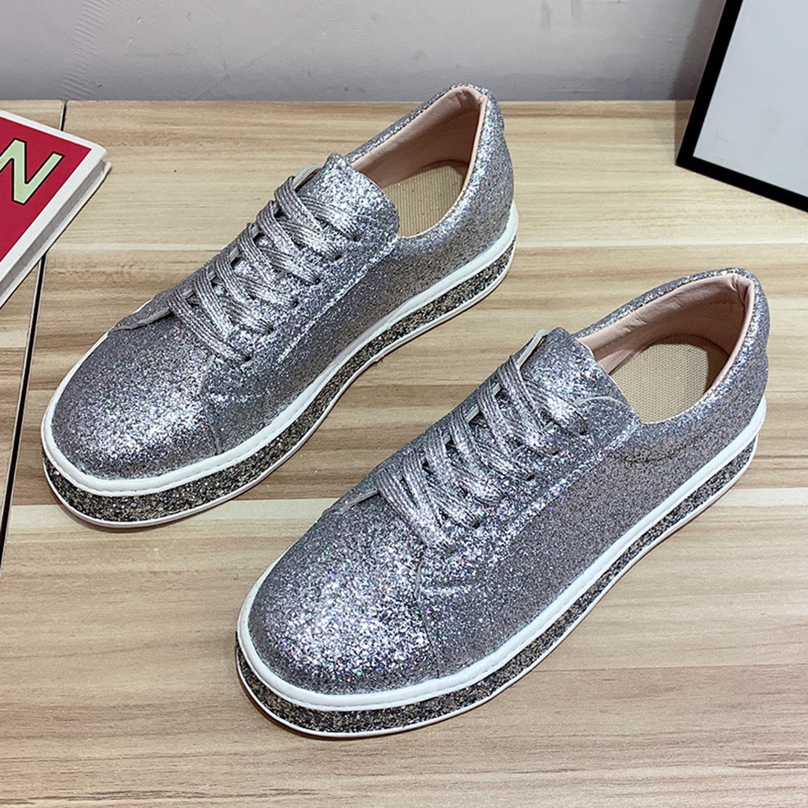 Women's Glitter Tennis Sneakers Neon Dressy Sparkly Sneakers Rhinestone Bling Wedding Bridal Shoes Shiny Sequin Shoes Silver 8.5(41)