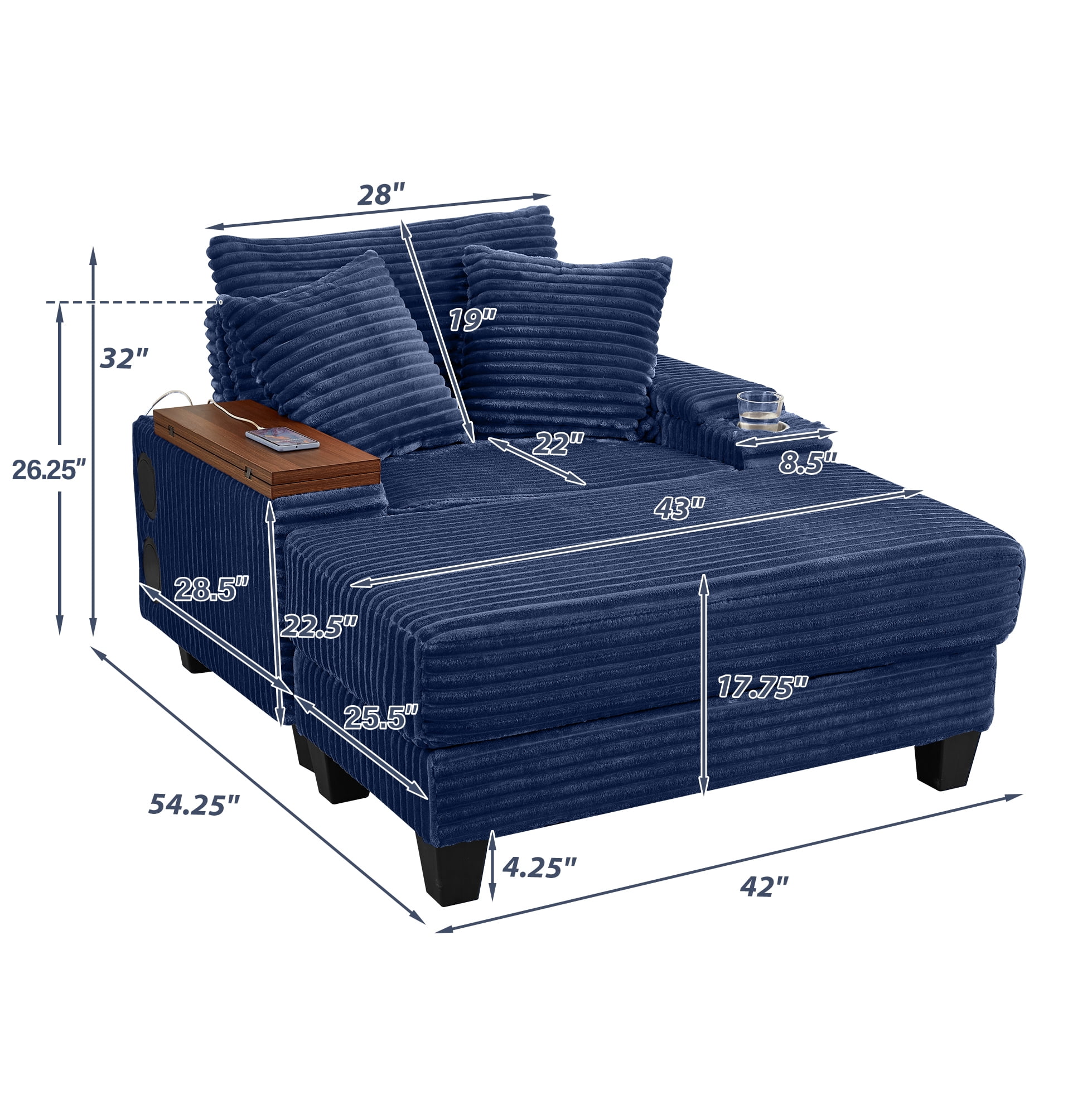 Aukfa Corduroy Chaise Lounge Chair with Ottoman, Hidden Rotating Table, Storage Armrest with Cup Holder, USB Port & Bluetooth Speaker, Blue