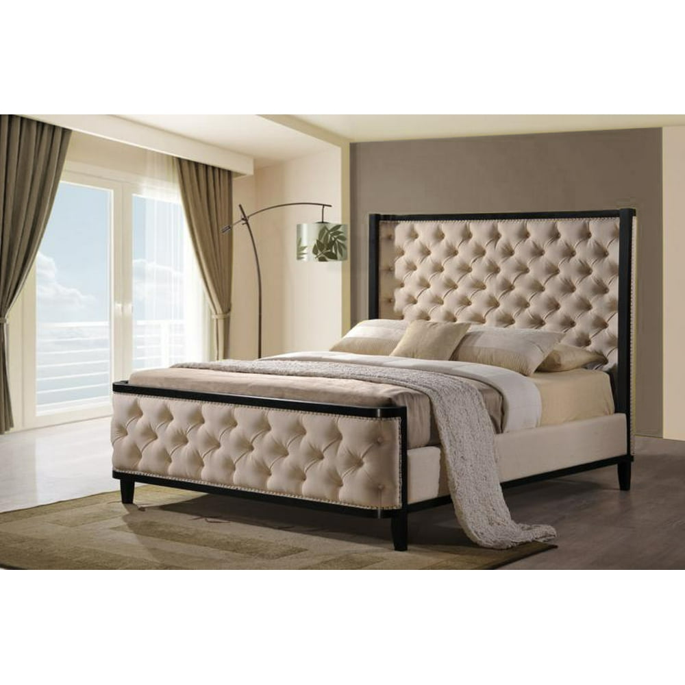 Arcadia Tufted Linen Upholstered Bed Frame with High Padded Headboard
