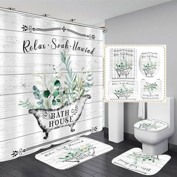 4 Pcs Floral Shower Curtain Flowers Leaves Bathroom Sets with Shower Curtain and Rugs Vintage Farmhouse Bathroom Decor Country Bathtub on Rustic Wood Backdrop Bathroom Rugs Mat Toilet Lid Cover