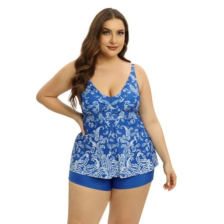 Women s Plus Size Tankini Swimsuits Two-Piece Flowy Bathing Suit Swimwear with Shorts 2-Piece Floral Print Deep V-Neck Swimming Suit for Femal Vintage Adjustable Straps Tankini Set XL-5XL