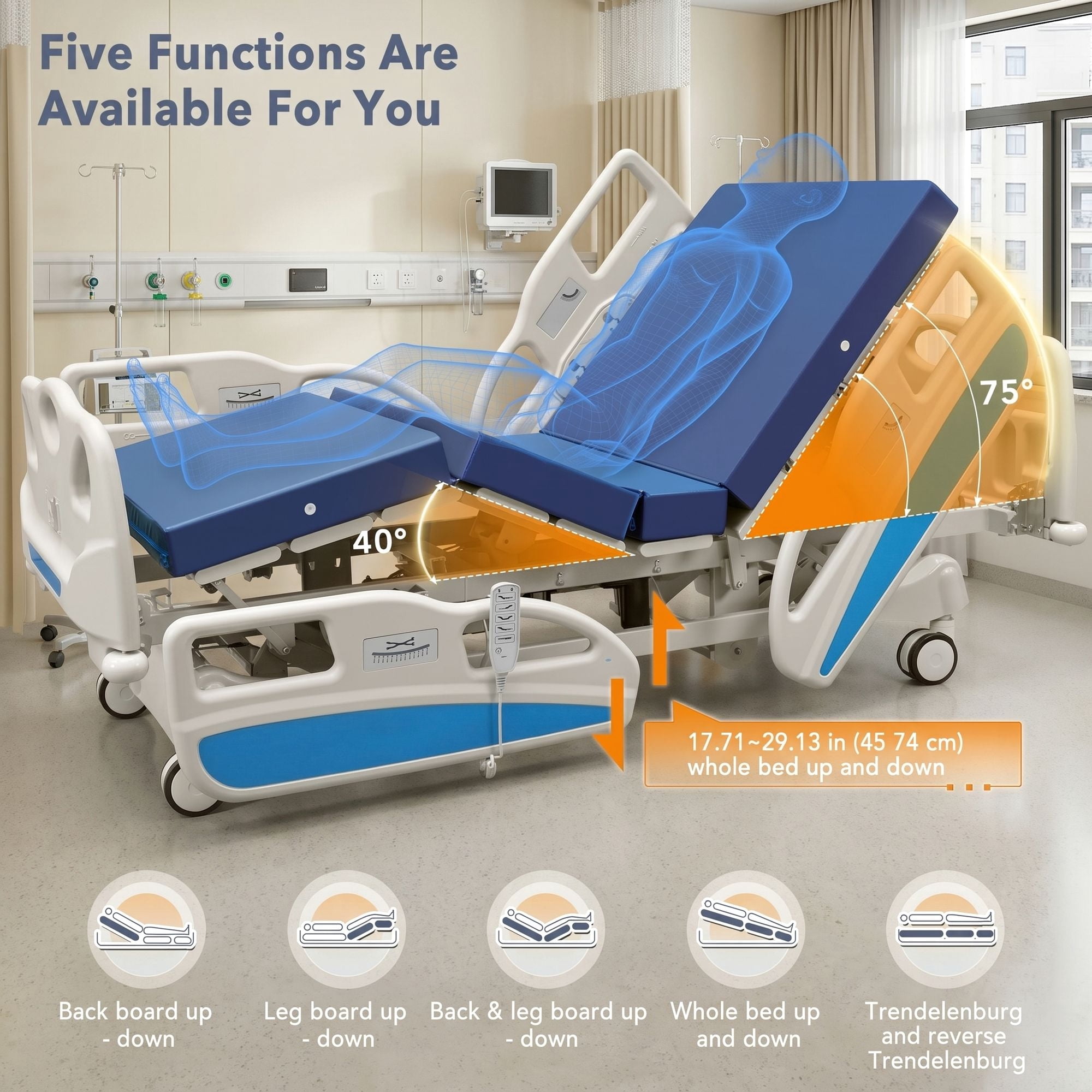 Naipo Premium 5 Function Full Electric ICU Hospital Bed with 4-inch Mattress, IV Pole and 5-inch Locking Casters for Home Use, 530LBS Loading