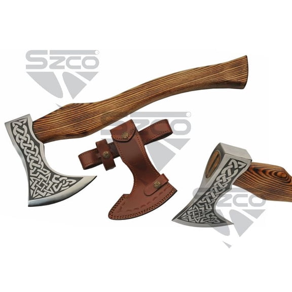 SZCO 18.75" Sailor Axe with Burnt Ash Wood Handle, Celtic Etched Axe Head & Leather Sheath – Decorative Replica