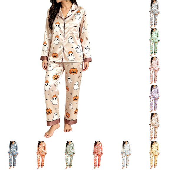 XIYON Halloween Pajamas Set for Women Pumpkin Ghost Print Long Sleeve Top and Long Pants Sleepwear 2 Piece Nightwear Comfort Loungewear Casual Nightwear
