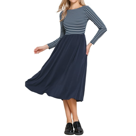 INSPIRE CHIC Striped Patchwork Dress for Women  Crew Neck Long Sleeves A-Line Dress XS Dark Blue