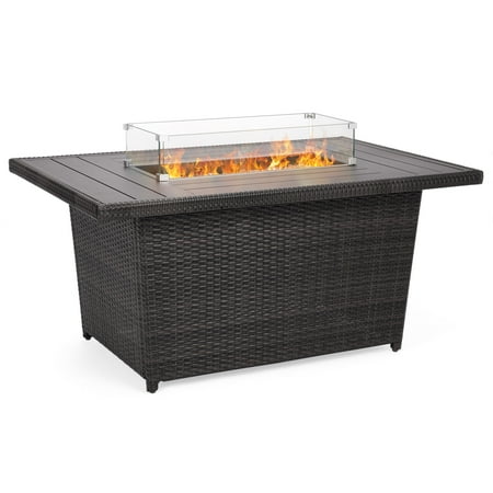 Best Choice Products 52in Outdoor Wicker Propane Gas Fire Pit Table for Patio, 50,000 BTU w/ Aluminum Tabletop, Glass Wind Guard, Clear Glass Rocks, Cover, Slide Out Tank Holder, Lid -