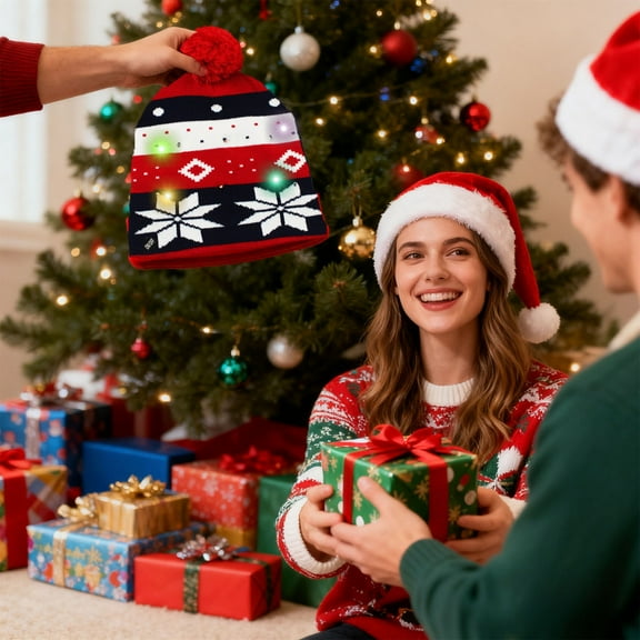 Eolstice Christmas LED Santa Claus Hat, Fashion Knitted Woolen Hat with Hairball Design, for Holiday Parties Seasonal Decorations and Cold Weather Ear Protection