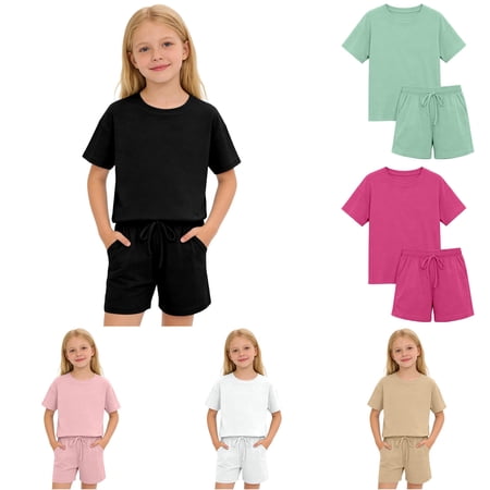 Girls Casual Outfit Loose Fit Drop Shoulder Short Sleeve Top with Shorts Solid Color Two Piece Playwear Its A Girl for Mom 7-8 Years