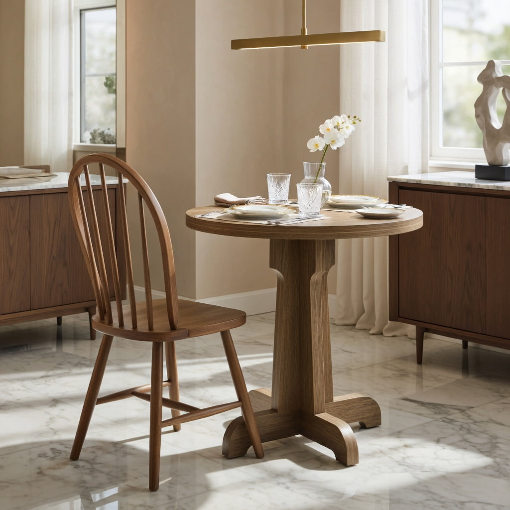 Hommoo 23.6 Inch Round Dining Table for 2, Modern Compact Wood Top Pedestal Table for Small Spaces, Apartments, Cafes & Home Kitchens, Walnut