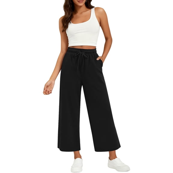 Women's High Waisted Sweatpants, Cropped Wide Leg Joggers with Elastic Drawstring, Casual Lounge Pants for Women, Soft Athletic Cropped Pants for Sport and Home Black L