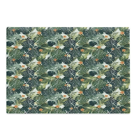 Green Cutting Board, Hawaiian Summer Aloha Pattern Tropical Plants and Hibiscus Flowers, Decorative Tempered Glass Cutting and Serving Board, Large Size, Green Dark Teal Orange, by Ambesonne