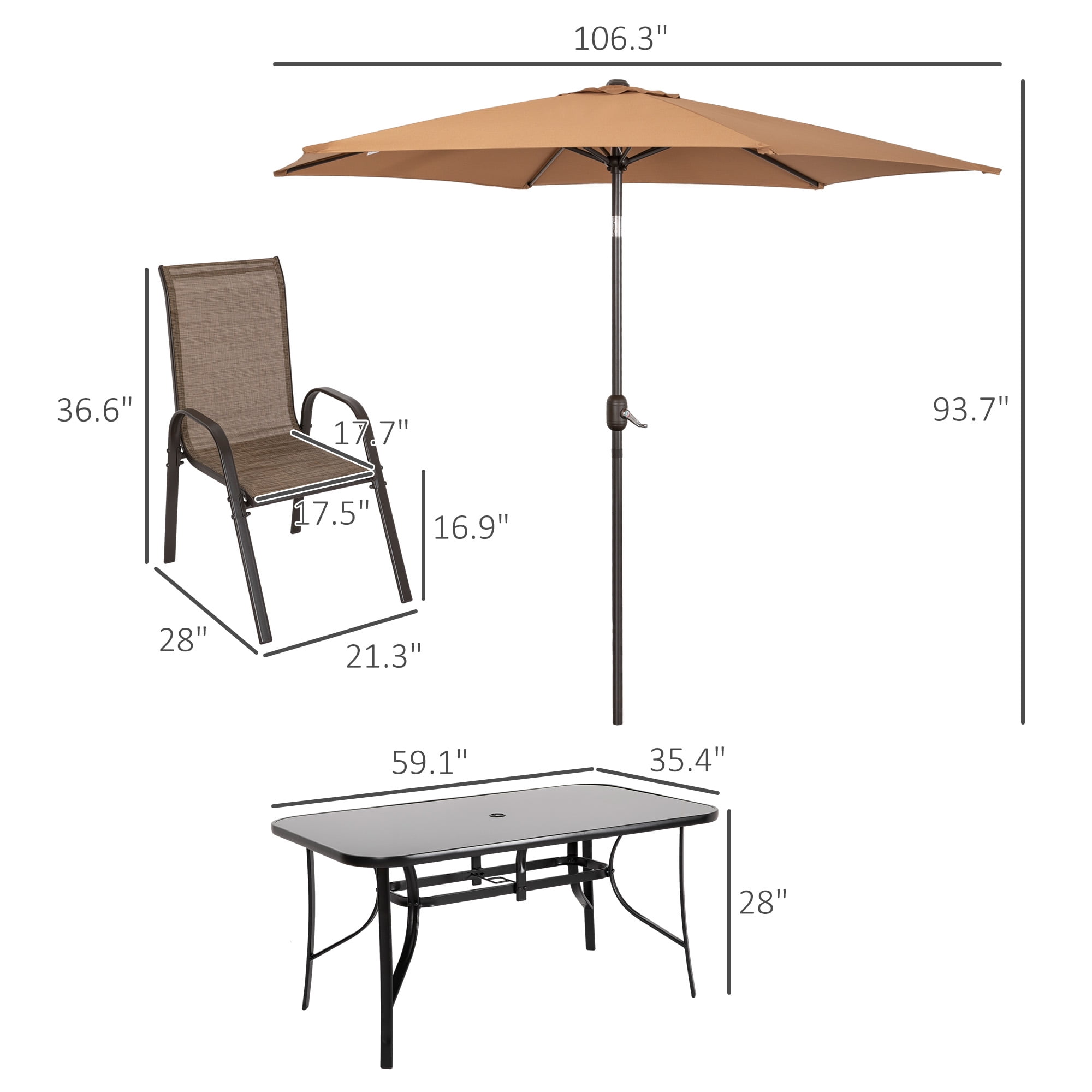 Outsunny 8 Piece Patio Furniture Set with Umbrella, Outdoor Dining Table and Chairs, 6 Chairs, Push Button Tilt and Crank Parasol, Glass Top, Brown