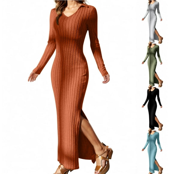 Meichang Women's Bodycon Maxi Sweater Dress Ribbed Knit Long Sleeve Collared V Neck Sweater Dresses Fall Elegant Slim Fit Slit Hem Knitted Long Dress