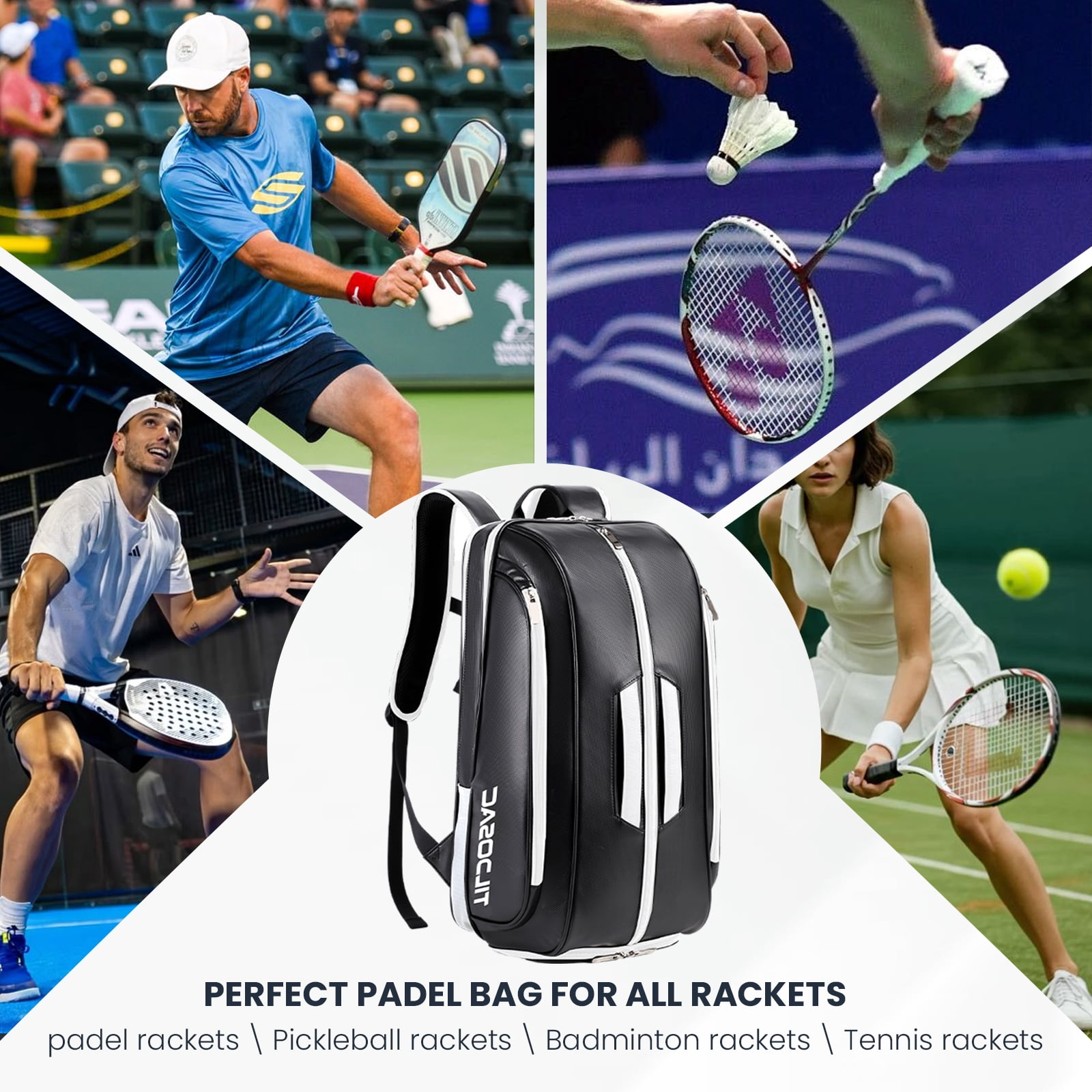 CCGTIOR Multi-Use Beach Tennis Bag For Sport Convertible Padel Backpack - Laptop Sleeve, Ball Sleeve, Fence Hook, Easy Access,Shoe Compartment (Black-White)