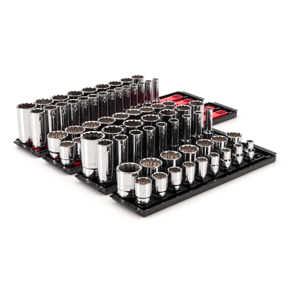 TEKTON 1/2 Inch Drive Shallow and Deep 12-Point Socket Set with Rails and Trays, 78-Piece (3/8 - 1-5/16 in., 10-32 mm) | SHD92216