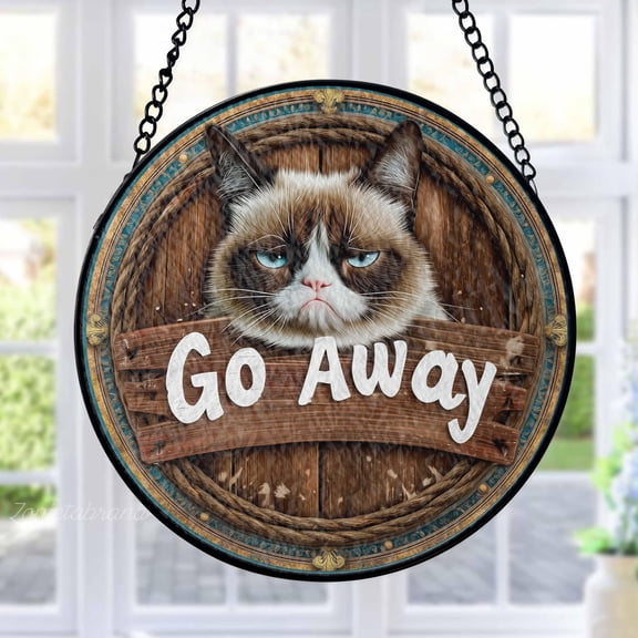 Go Away Cat Stained Glass Suncatcher Metal Outdoor Decor Rustic Humorous Multi-Color