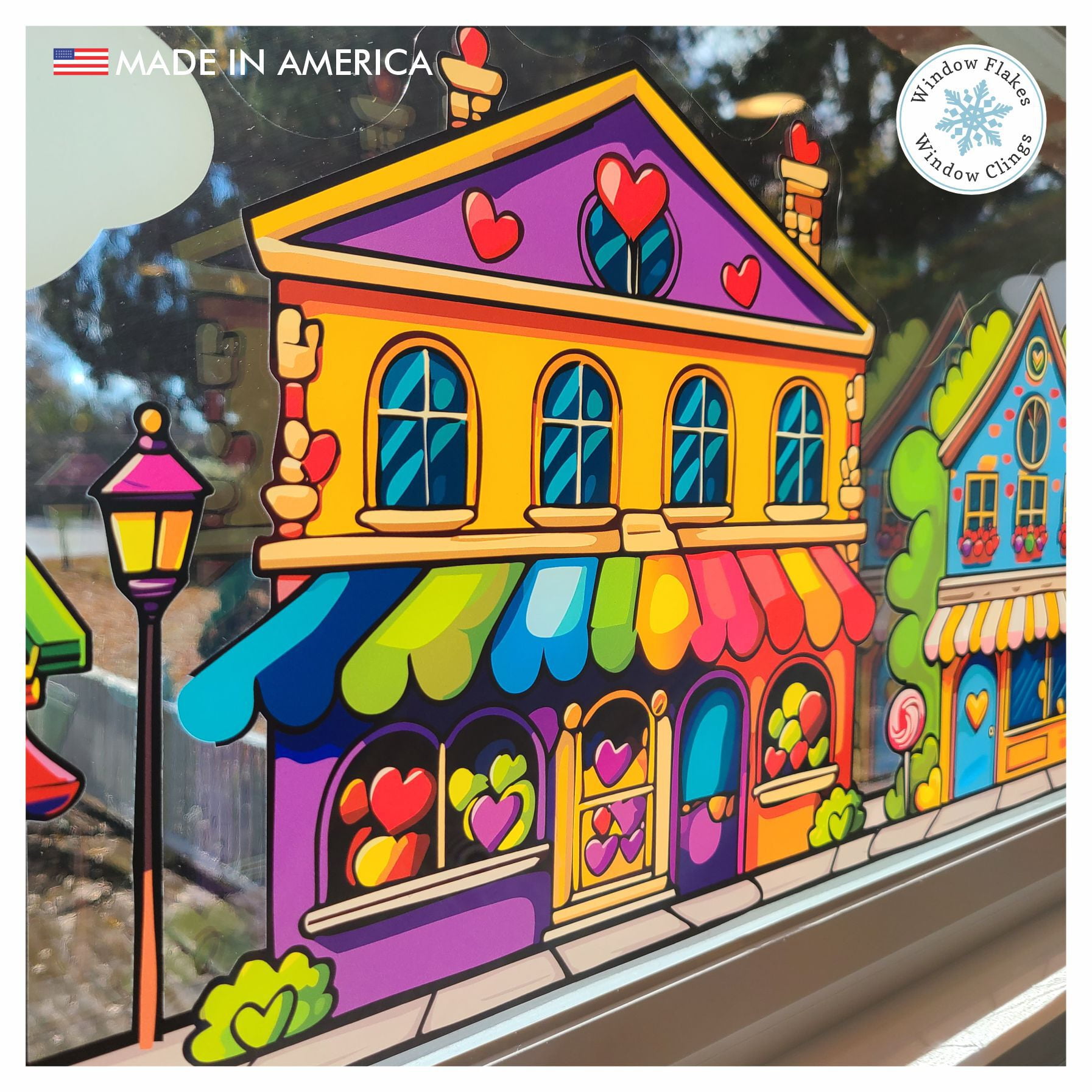 46" Valentine Street Scene Border Window Cling Decal. Part of the Rainbow Colors Candyland Bubblegum Collection. Made in America.