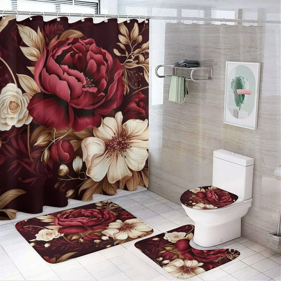 4 Piece Bathroom Rug Set with Shower Curtain Elegant Burgundy Floral with Non-Slip Rugs Toilet Lid Cover And Bath Mat Burgundy Red Floral 12 Hooks for Bathroom Decor 72inch X 72inch