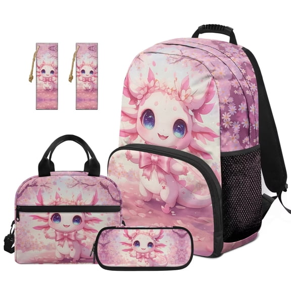 Yuyamidu Cute Axolotl Backpack with Lunch Box Kids Girls 5th Grade Cherry Blossom School Bag and Lunch Bag Pencil Case Bookmarks Set of 5 Elementary/Middle School Bookbag Age 6-8