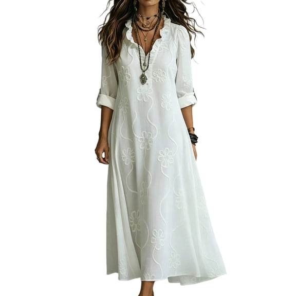 SAWOBUUN Womens Boho Embroidered Maxi Dress Long Sleeve V Neck Loose Fit Beach Vacation Summer Long Dress
