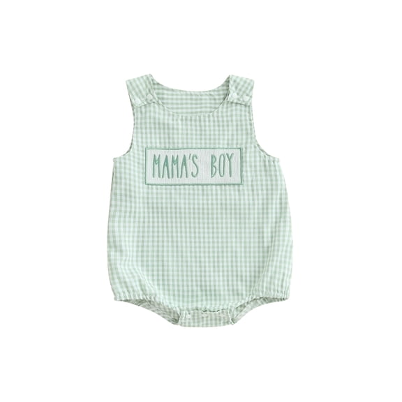 BemeyourBBs Newborn Baby Boy Mothers Day Outfit Summer Bubble Romper Overalls Mama's Boy Letter Embroidery Plaid Print Sleeveless Round Neck Jumpsuit Playsuit Bodysuit