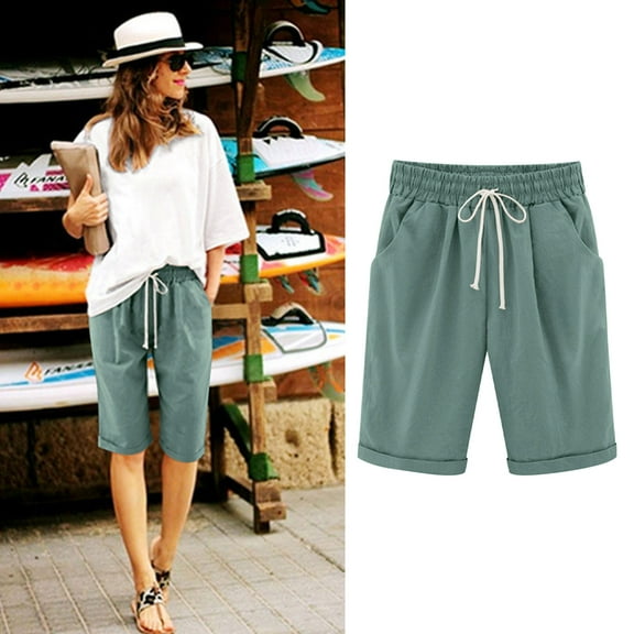 Bosfbaoi Shorts for Women Knee Length Plus Size Elastic Waist Drawstring Longer Short Summer Comfy Beach Outfits 2026