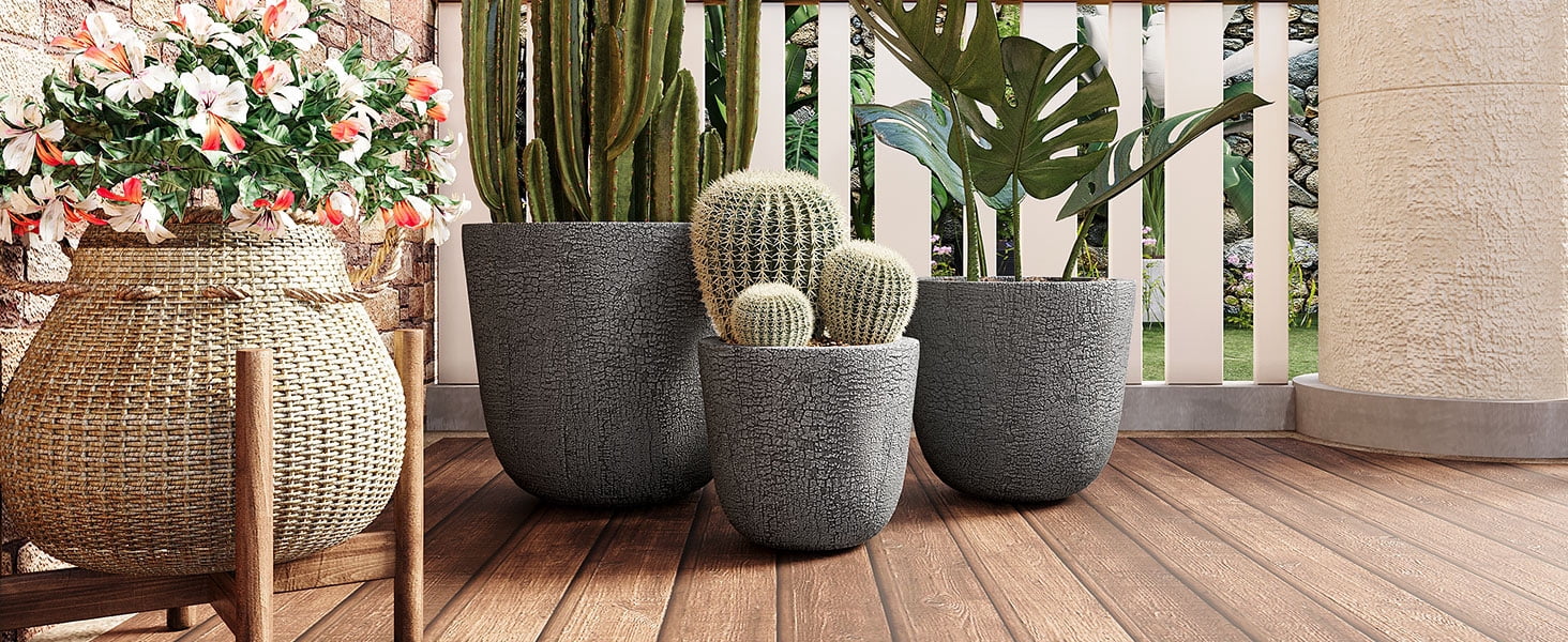 Mintazer Modern Planter Set of 3, 16.93"+13.78"+11.02" Round Stackable Flower Pots with Drainage Holes and Rubber Plug, Crackle Stone Texture Decorative Plant Pots for Indoor & Outdoor, Gray