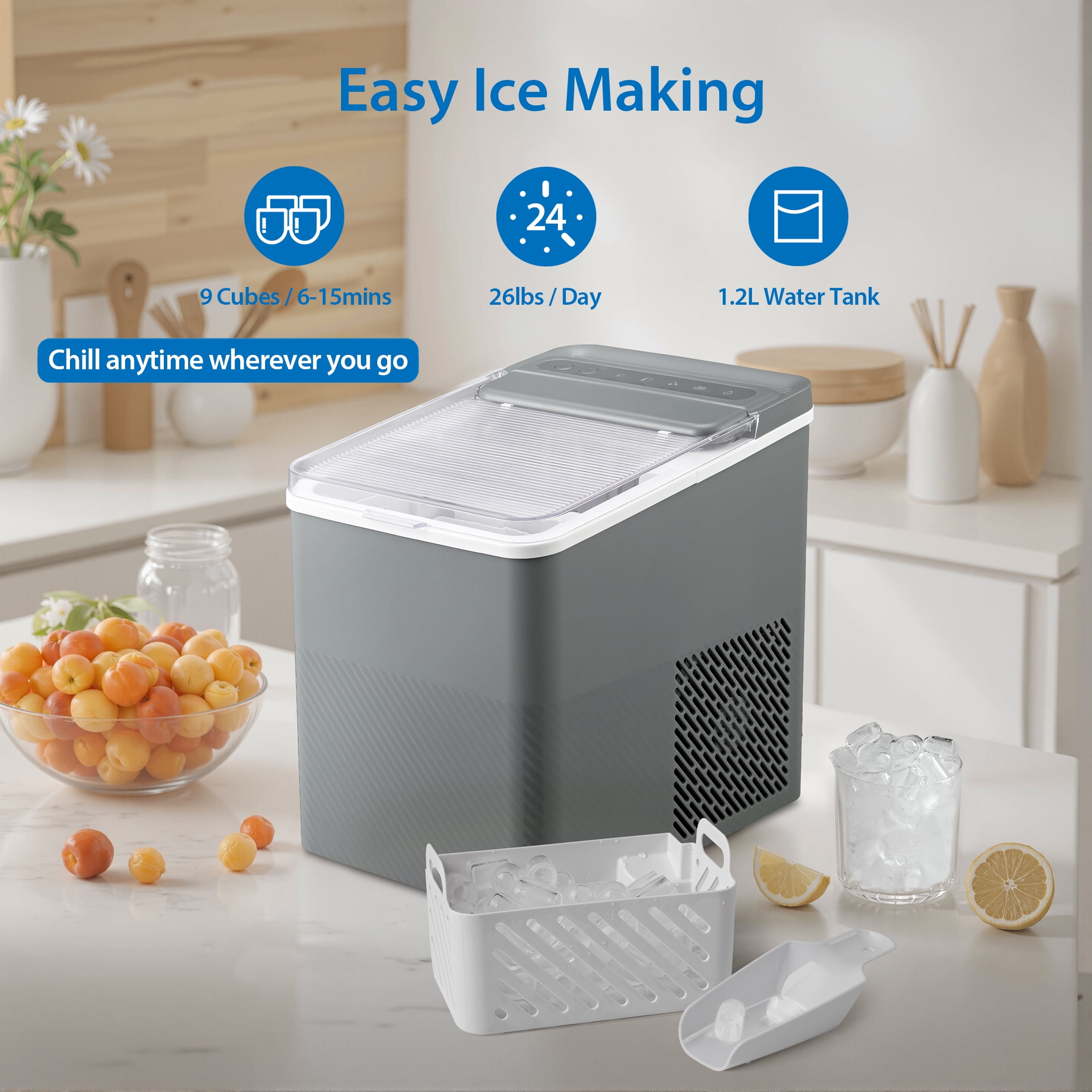 Mainstays Portable Countertop Ice Maker, 26 lbs Per Day, Compact Ice Machine with Quick Ice Cycles, No Plumbing Required, Grey