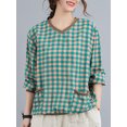 thumbnail image 4 of Blusa suelta para mujer Estampado a cuadros Tejido con cuello en v Bolsillos de manga larga MABOTO Verde, 4 of 7