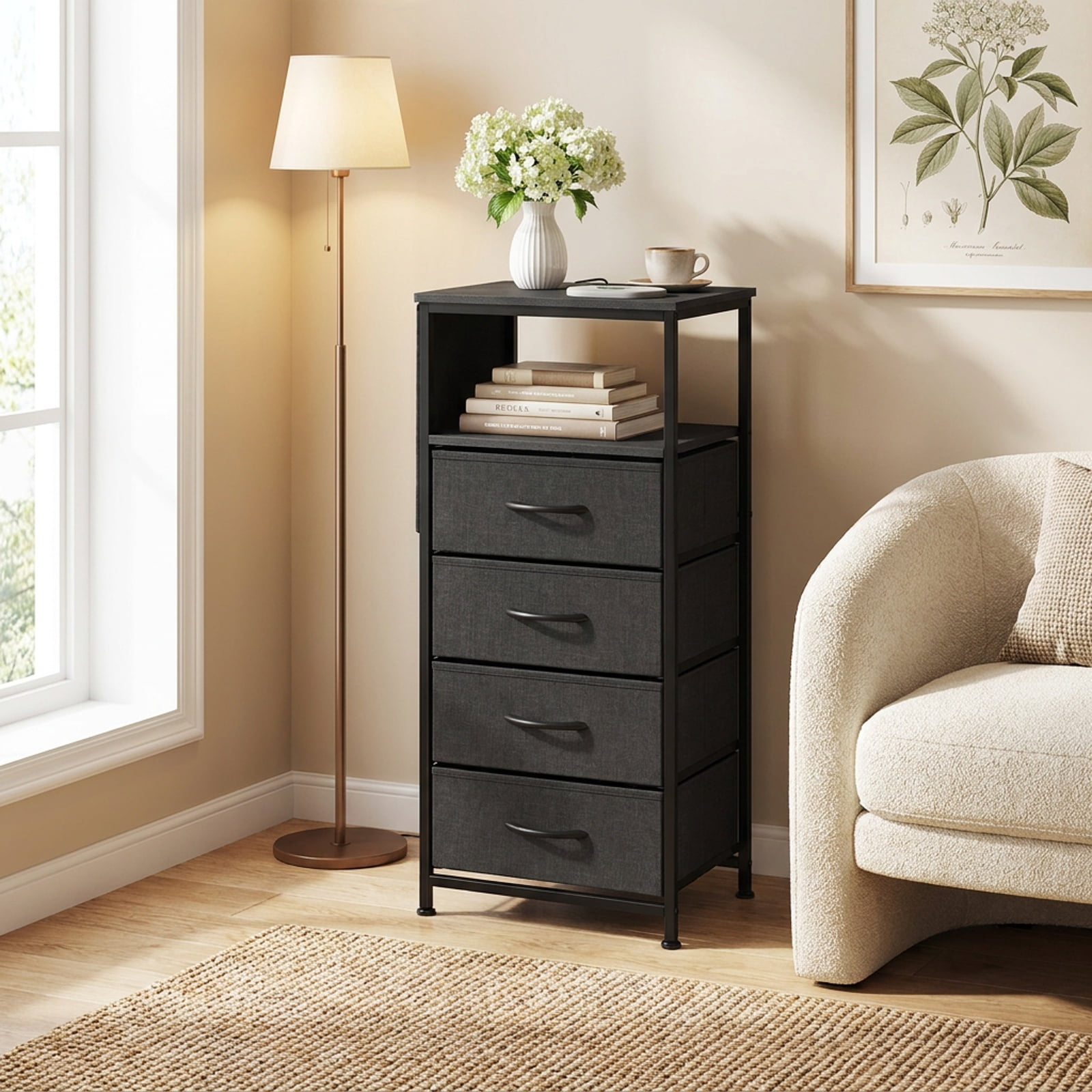 Furnibear 34 Inch Tall Black Nightstand with Integrated Charging Station and 4 Fabric Drawers