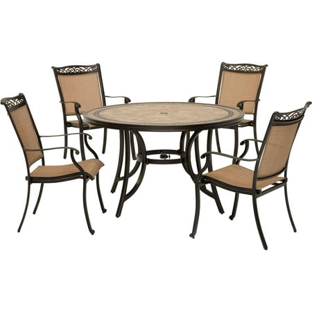 Hanover Fontana 5-Piece Outdoor Dining Set with Four Sling Dining Chairs and a 51 In. Tile-top Dining Table