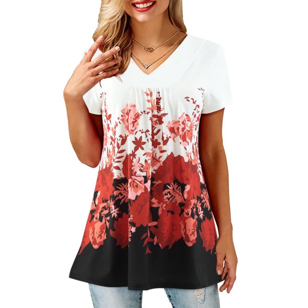 Amoretu Womens Tunic Tops V Neck Short Sleeve Floral Blouses Shirts