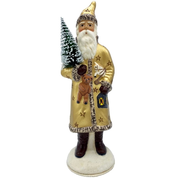 Alexander Taron 13" Vibrant Unique Santa in Gold Coat with Bear and Tree Schaller Paper Mache Candy