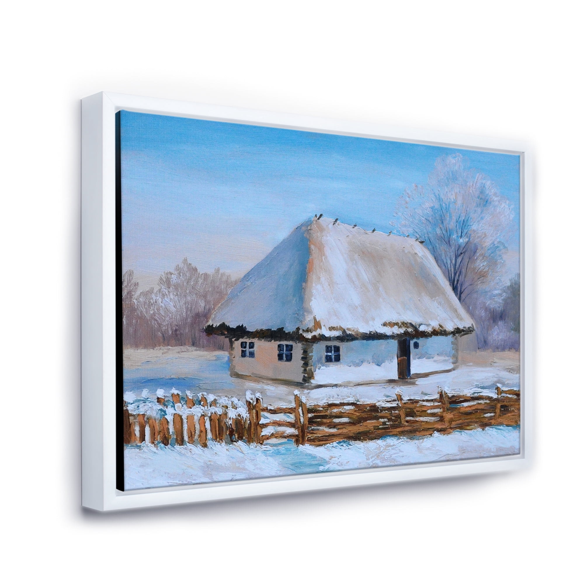 Traditional Cottage Covered With Snow In Winter I 20 in x 12 in Framed Painting Canvas Art Print, by Designart
