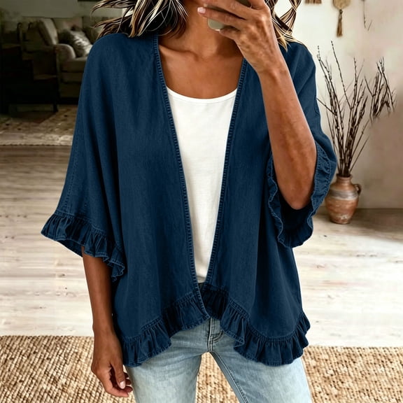 Homenesgenics Jean Jacket for Women Denim Plus Size Open-Front Ruffled-Sleeve Lightweight Cardigan Casual-Style Blue M