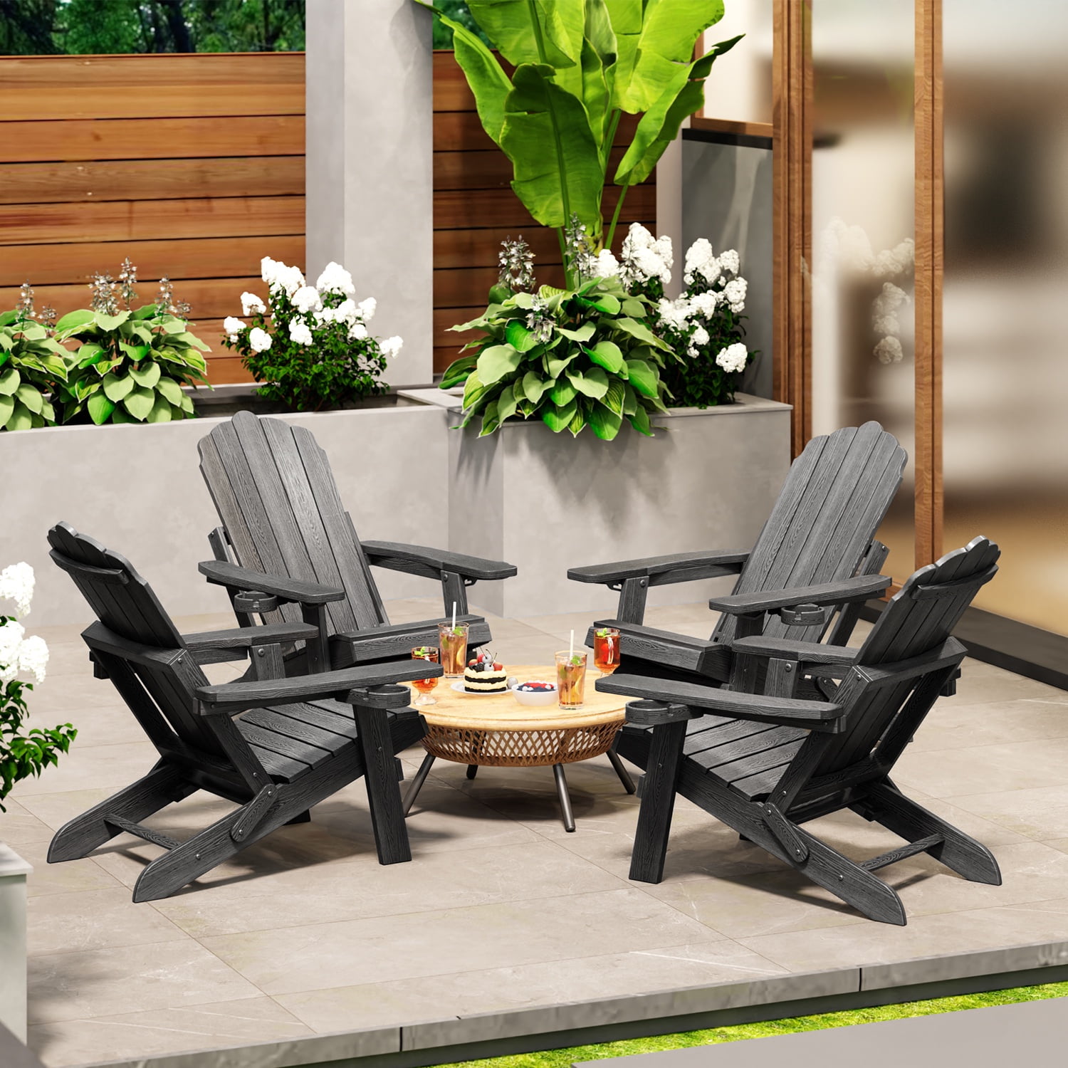 Asofer Adirondack Chair with Retractable Ottoman, Outdoor Folding Chair for Patio Garden Fire Pit, Gray - 2 PCS