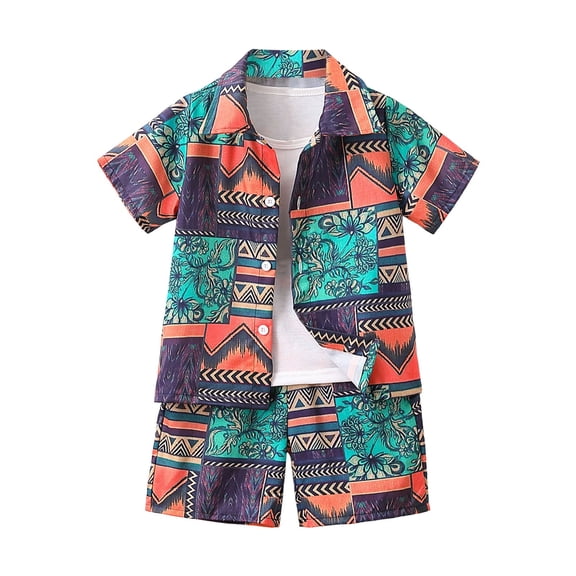 Caqnni Toddler Boy Clothes Outfits Kid Summer Hawaiian Print T-Shirt Elastic Waist Pockets Elastic ShortsCartoon Print 2PCS Set For 18-24 Months 2t 3t 4t 5t 6t Pajamas & Dailywear Set