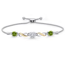 Gem Stone King 925 Silver and 10K Yellow Gold White Moissanite and Green Peridot and White Lab Grown Diamond Bracelet for Women | 2.39 Cttw | Gemstone | Cushion 6MM | Fully Adjustable 9 inch